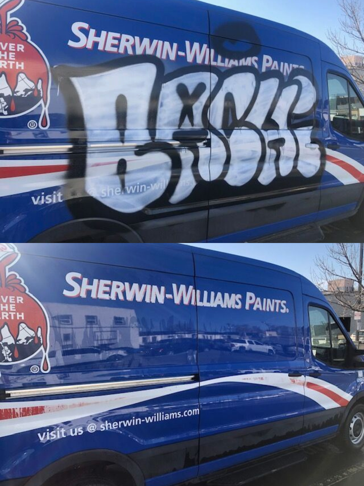 Van before and after graffiti removal in Denver