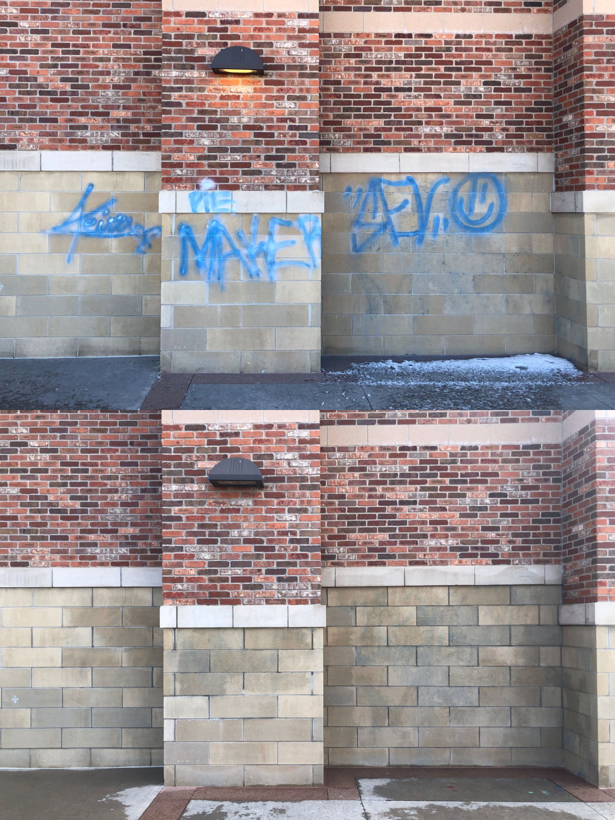 Wall before and after graffiti removal in Denver